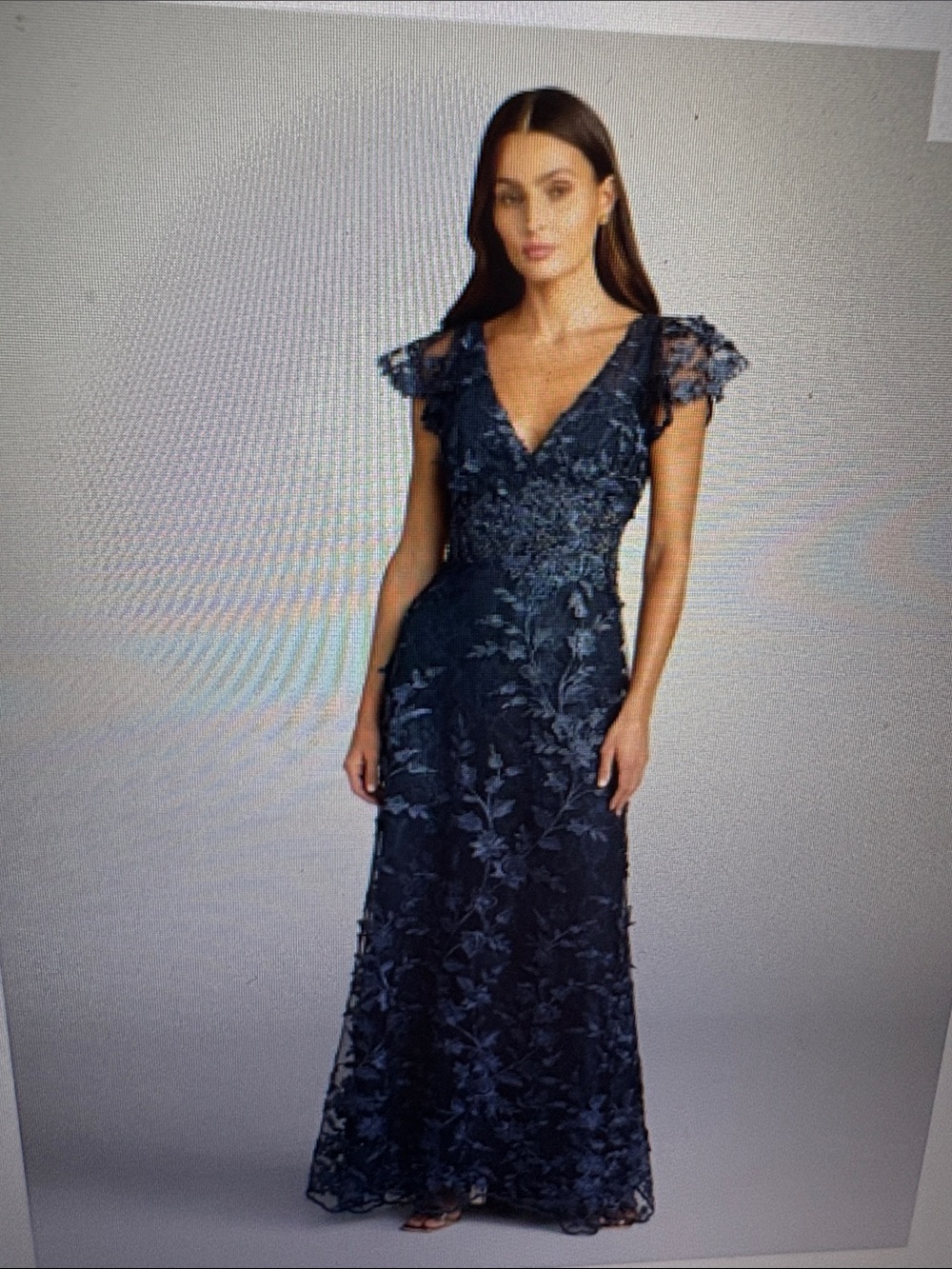 Mac Duggal Navy Blue Floral Lace Gown
